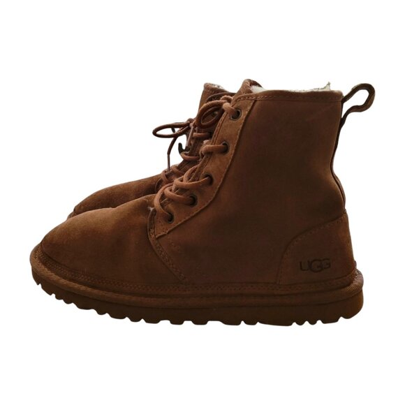 UGG Harkley Brown Boots Men's 8 Womens 10 Ankle Lace Up Suede Shearling Lined - Picture 4 of 12